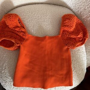 Alice &Olivia Bright Orange Crochet Sleeve top, XS